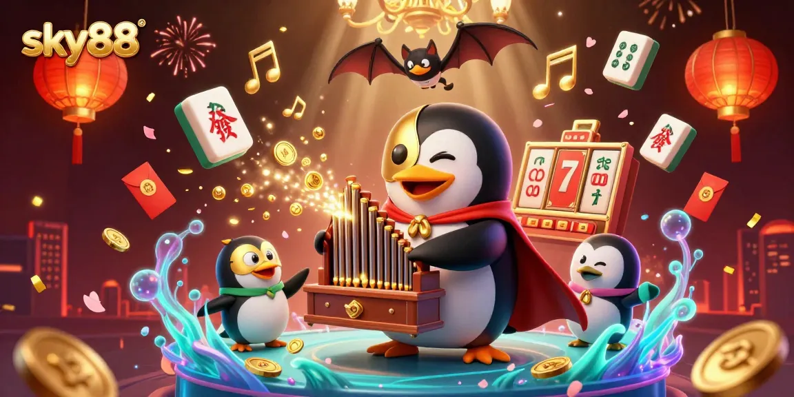 Watch the sky88 penguin play a thrilling organ, showering coins while vibrant gaming elements surround it.
