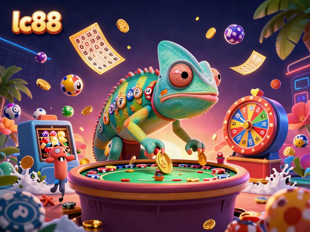 Engage with lc88 at this vibrant casino scene featuring a joyful chameleon and colorful game elements.