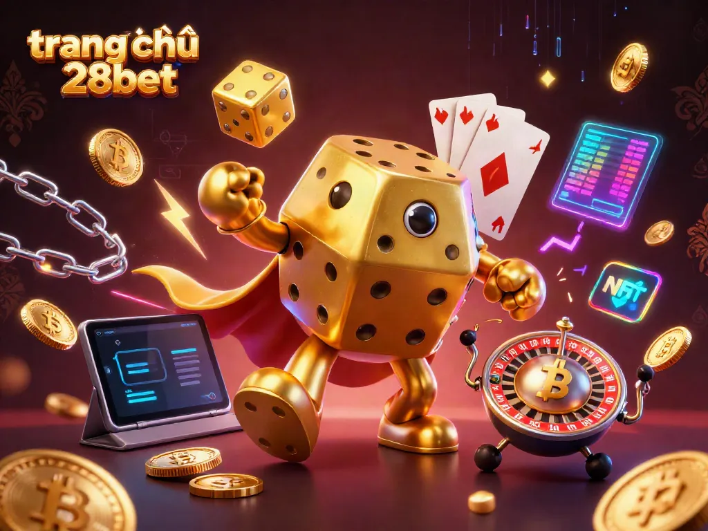 Engage with the dynamic scene of trang chủ 28bet featuring a golden dice golem and crypto elements.
