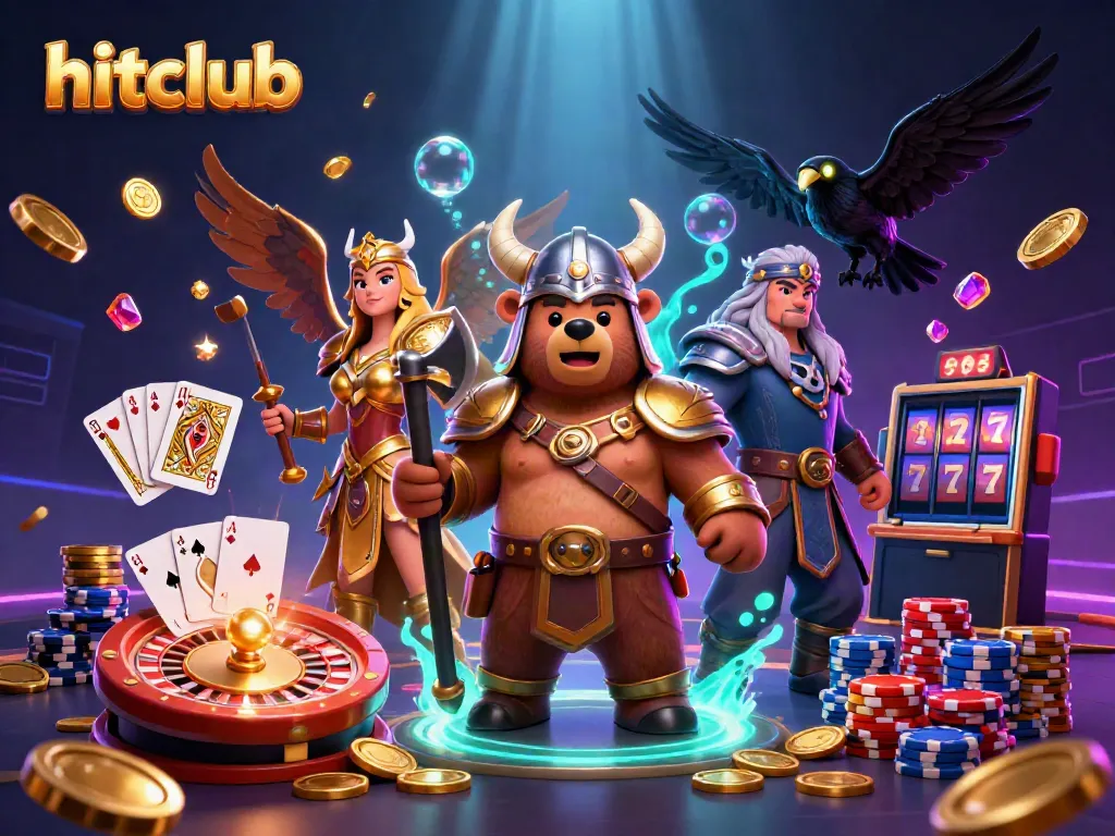 Experience thrilling gaming with hitclub, depicted through vibrant Viking and Valkyrie characters amid casino elements.