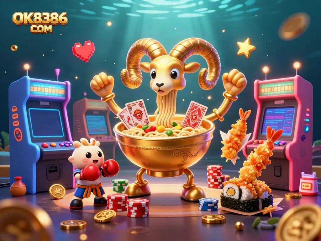 Check out the colorful 3D scene featuring characters from OK8386 COM celebrating with games and fun elements.