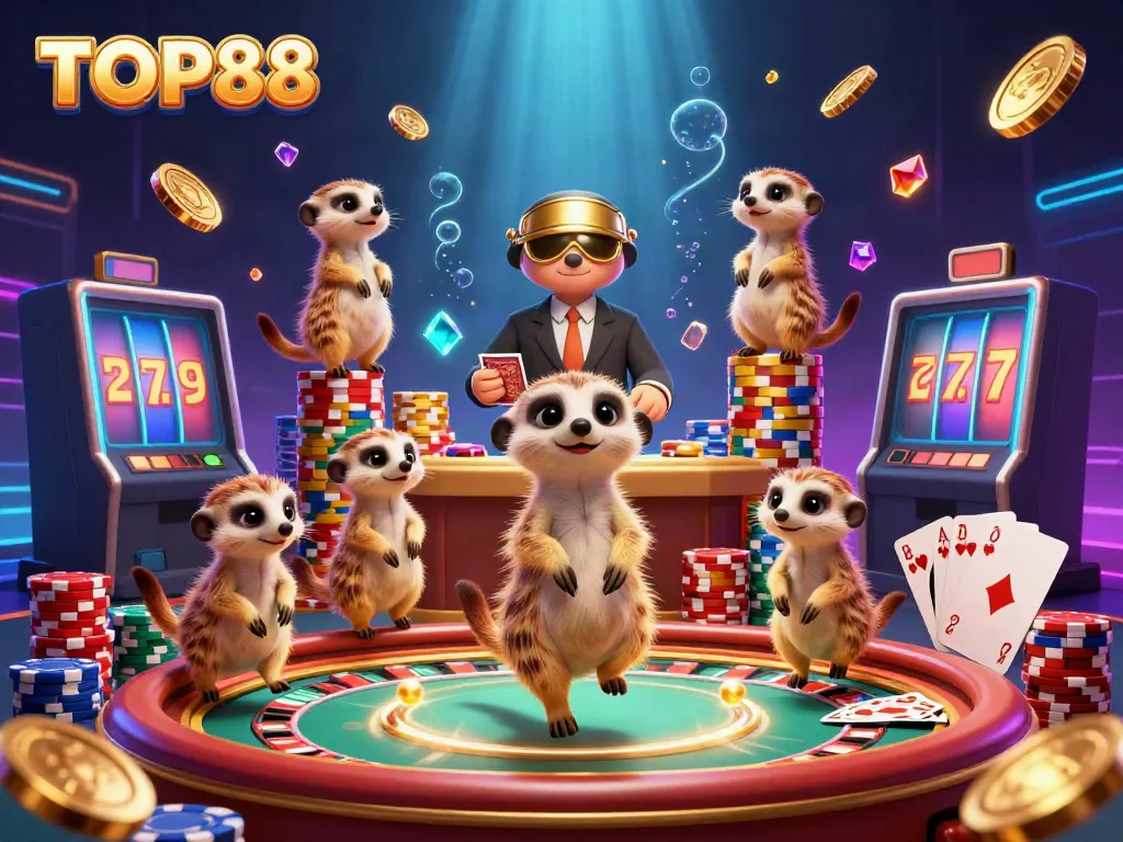 TOP88 meerkats engaged in a lively casino scene with dynamic game elements and golden coins
