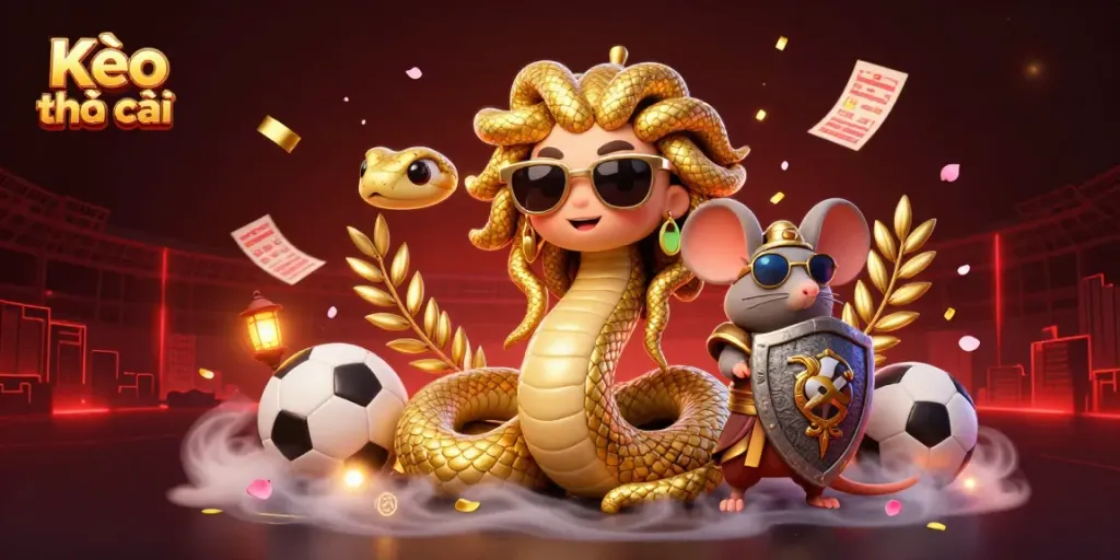 Engage with Kèo nhà cái featuring Medusa and a warrior mouse amidst animated sports betting elements.