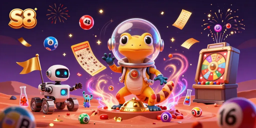 Engage with S8's exciting Martian casino adventure illustrated with lottery elements and festive effects.