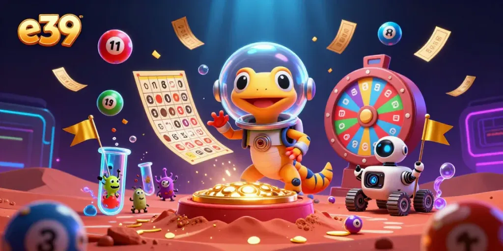 Experience the exhilarating e39 casino adventure in a vibrant, alien-themed illustration.