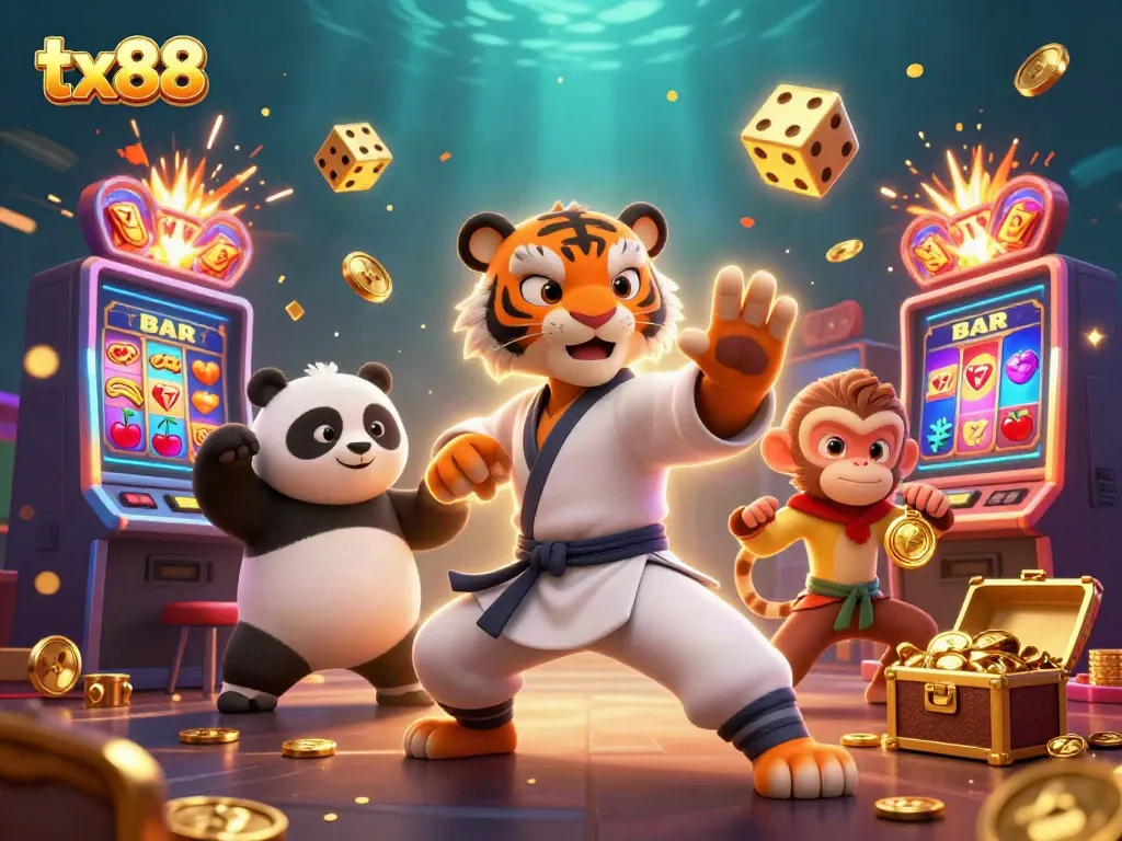 Experience the excitement at tx88 with lively casino characters surrounded by slots and jackpots.