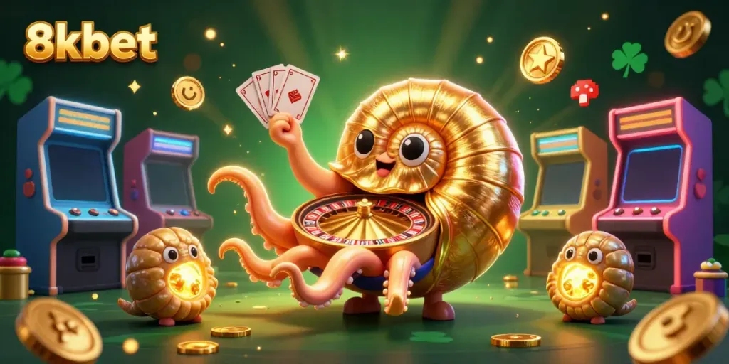 Experience immersive gaming at 8kbet with a dazzling 3D casino scene featuring unique characters.