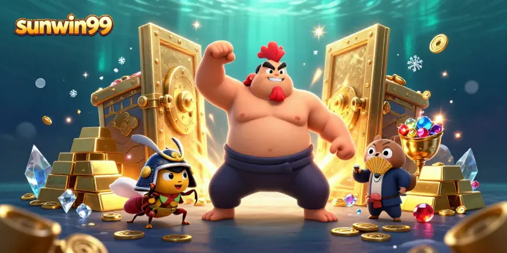 Experience sunwin99's vibrant casino world with lively characters and rich treasures in this stunning 3D scene.