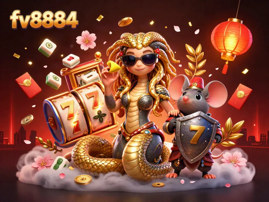 Spin the reels with fv8884's vibrant 3D casino scene showcasing Medusa, lucky 7s, and festive decorations.