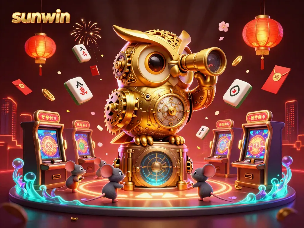 Experience sunwin excitement with a whimsical casino scene featuring a golden owl and vibrant game elements.