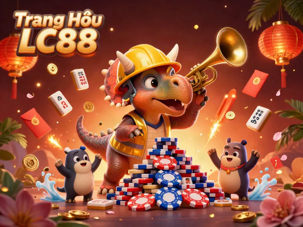 Experience the excitement of Trang Chủ LC88 with a lively 3D scene featuring triceratops and more.