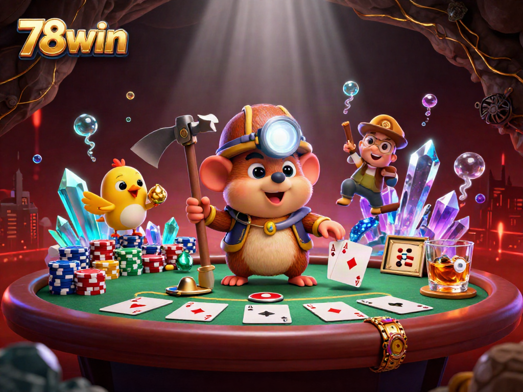 Experience thrilling play at 78win with a treasure hunter mole at a vibrant poker scene.