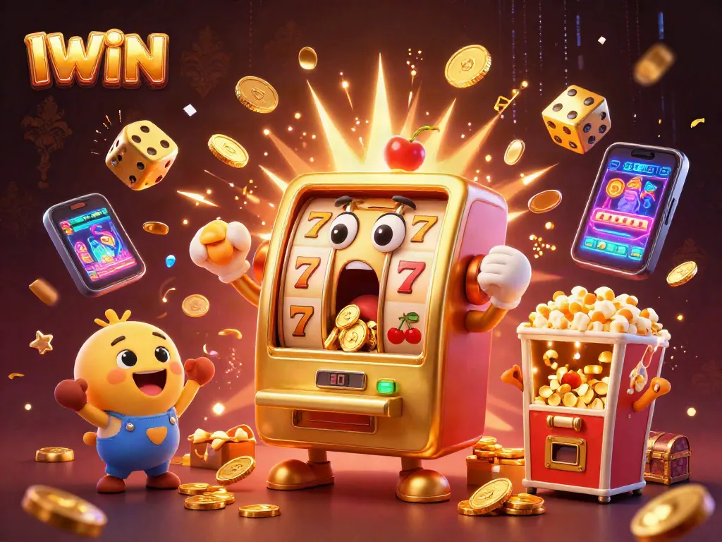 IWIN jackpot celebration scene with golden slot machine and immersive casino elements