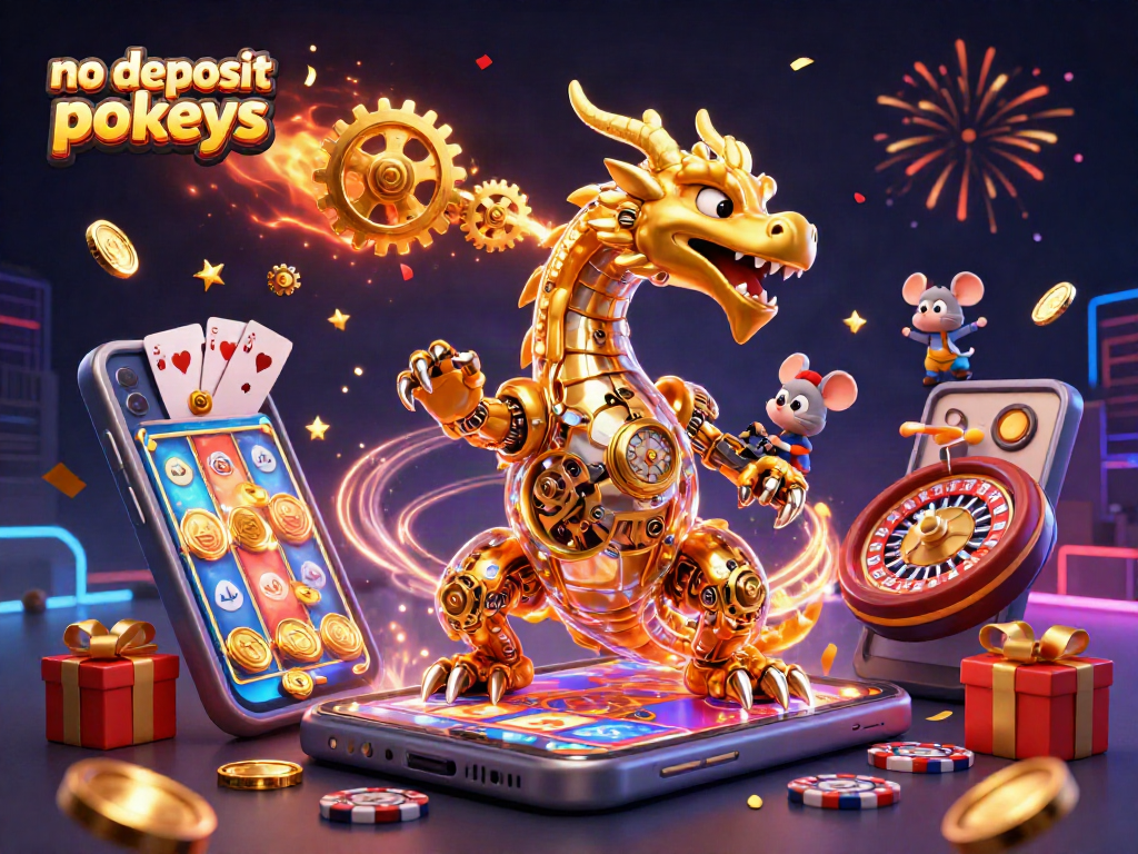 No deposit pokies illustration with a golden dragon, slots, and vibrant gaming elements.