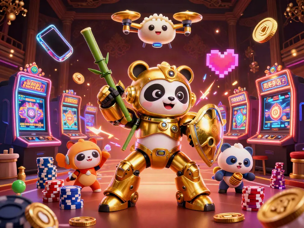 Engage in exciting gameplay with GO99's vibrant casino scene featuring a golden panda and dynamic slot machines.