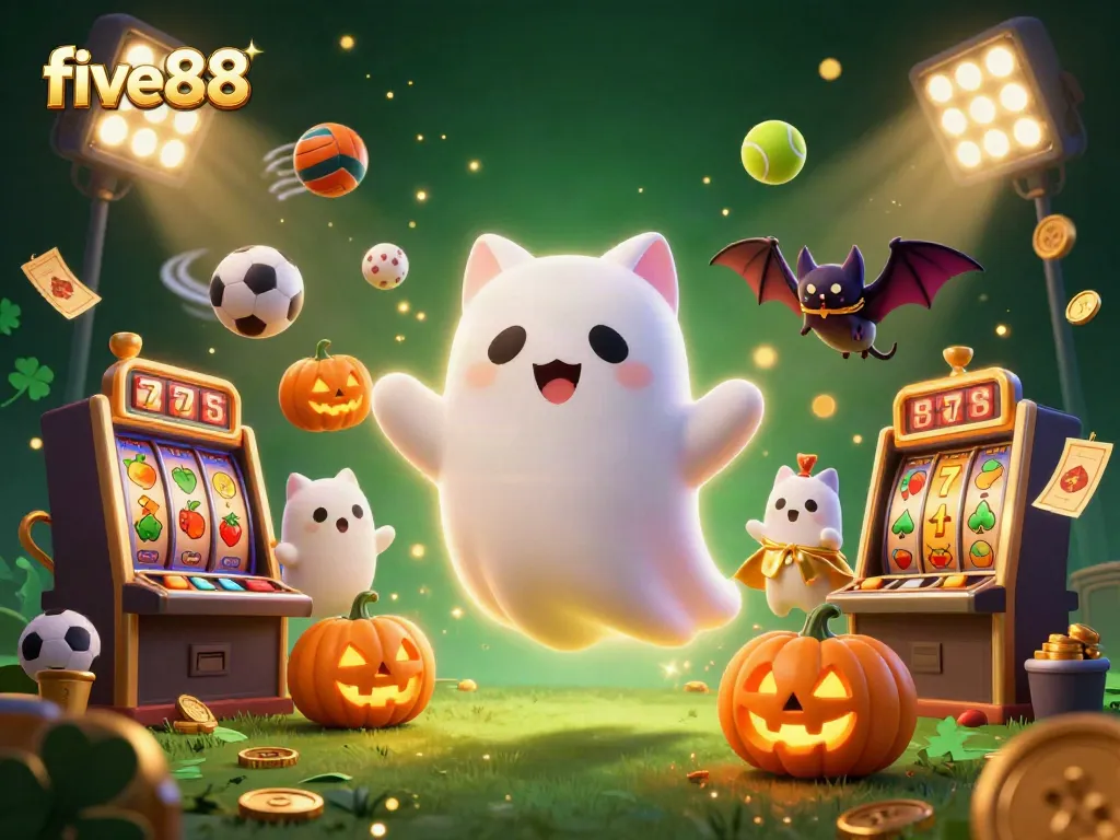 Win at five88 with a playful ghost cat and vampire bat in a haunted casino scene.