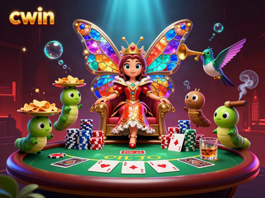 Cwin's vibrant 3D illustration features a butterfly queen amidst poker elements, showing casino excitement.