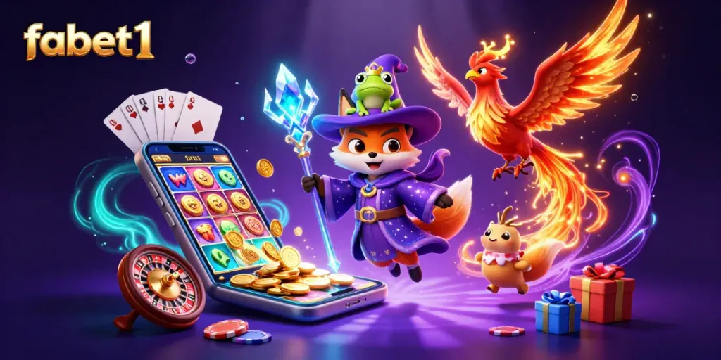 Experience excitement with fabet1's vibrant cartoon wizard and phoenix in a dynamic casino scene.