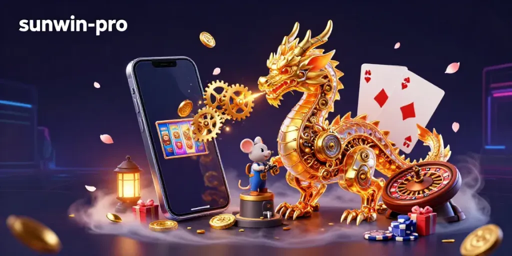 Experience immersive gaming with sunwin-pro's vibrant 3D illustration featuring casino elements.