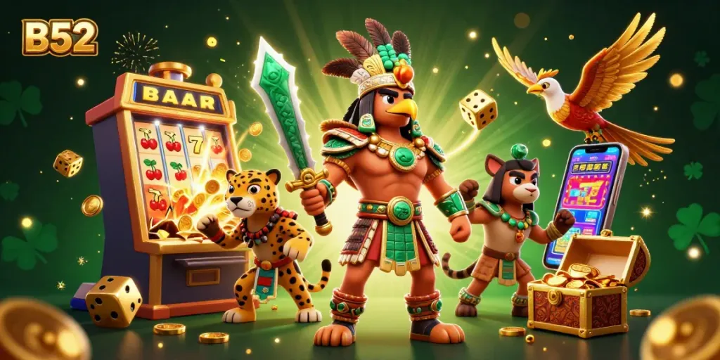 B52 casino explosion scene featuring an Aztec warrior and slot machine jackpot.