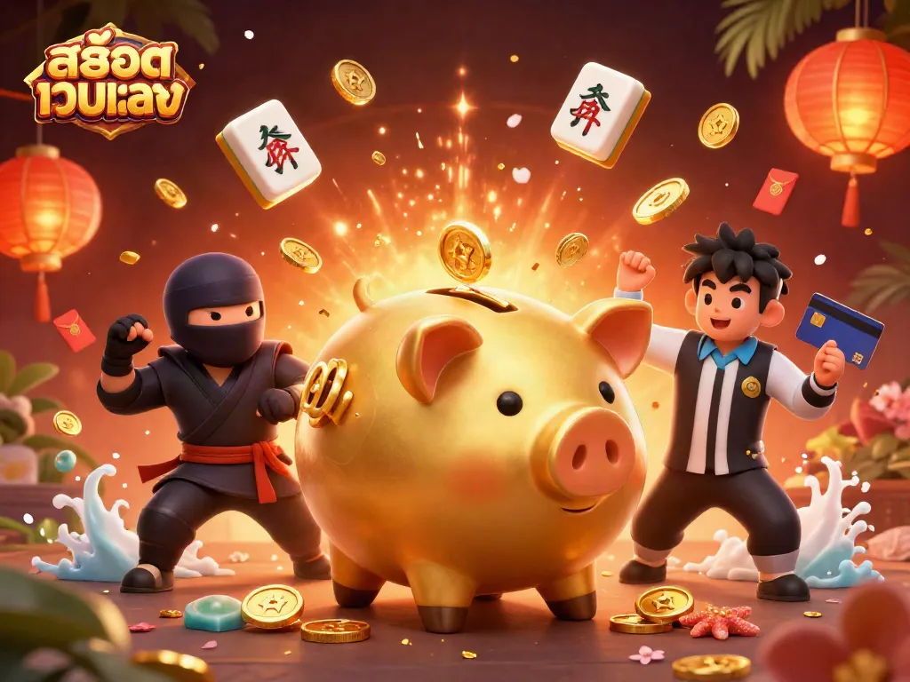 Spin the reels of สล็อตเว็บตรง with a golden piggy bank sumo wrestler and exciting game elements.