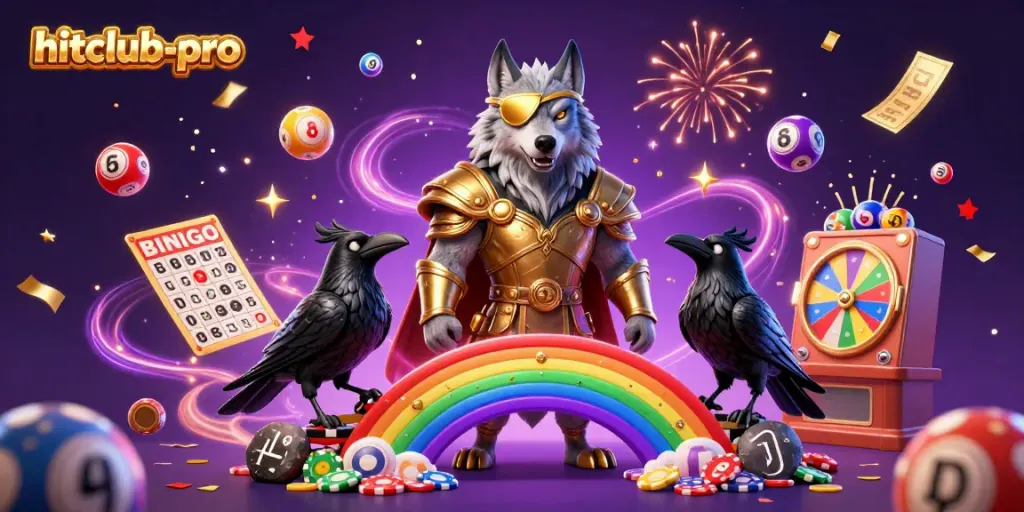 Experience hitclub-pro with a vibrant, casino-themed 3D illustration featuring Odin and two ravens in dynamic action.