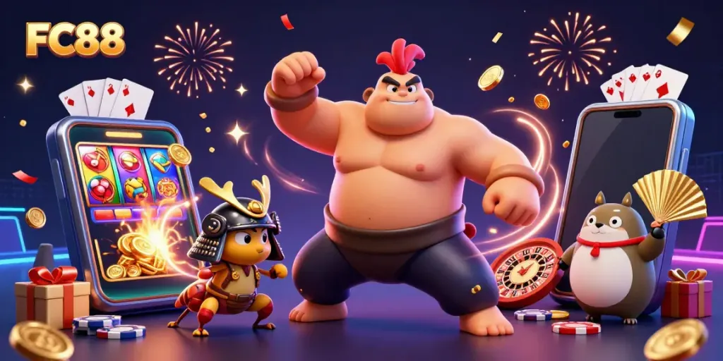 Experience the thrill of FC88 with dynamic gaming characters and vibrant casino elements.