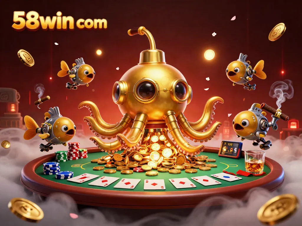 Experience thrilling games at 58win com with a captivating 3D illustration showcasing poker elements and a golden kraken submarine.