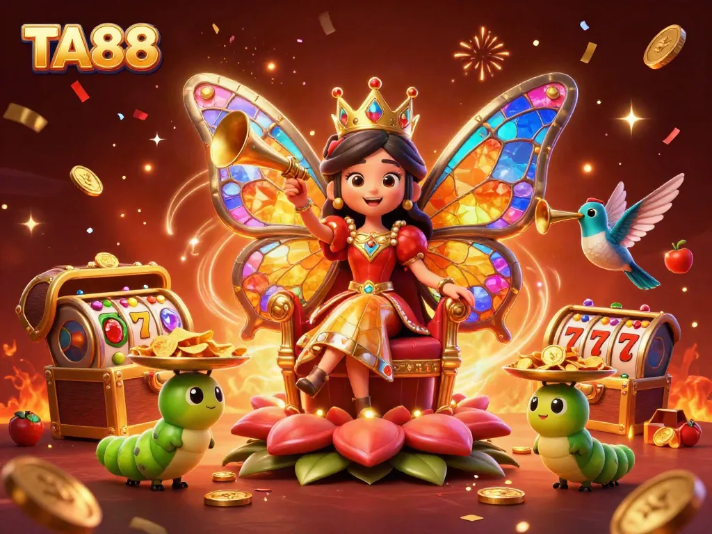 Engage with TA88 through an enchanting illustration of a butterfly queen surrounded by vibrant casino elements and golden treasures.