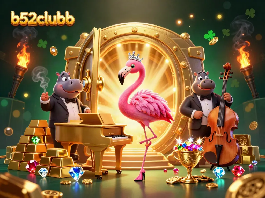 Experience thrilling wins at b52clubb with a vibrant casino scene featuring entertaining characters and treasures.