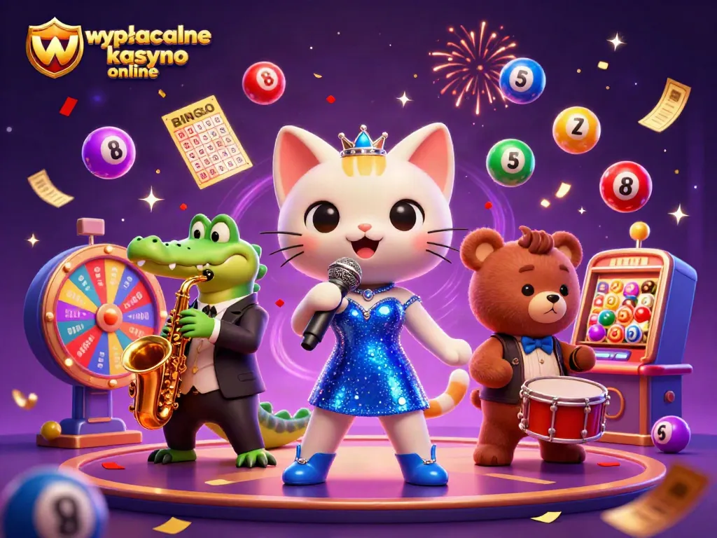 Engage with the vibrant scene of wypłacalne kasyno online featuring a jazz-singer cat and dynamic casino elements in a captivating atmosphere.