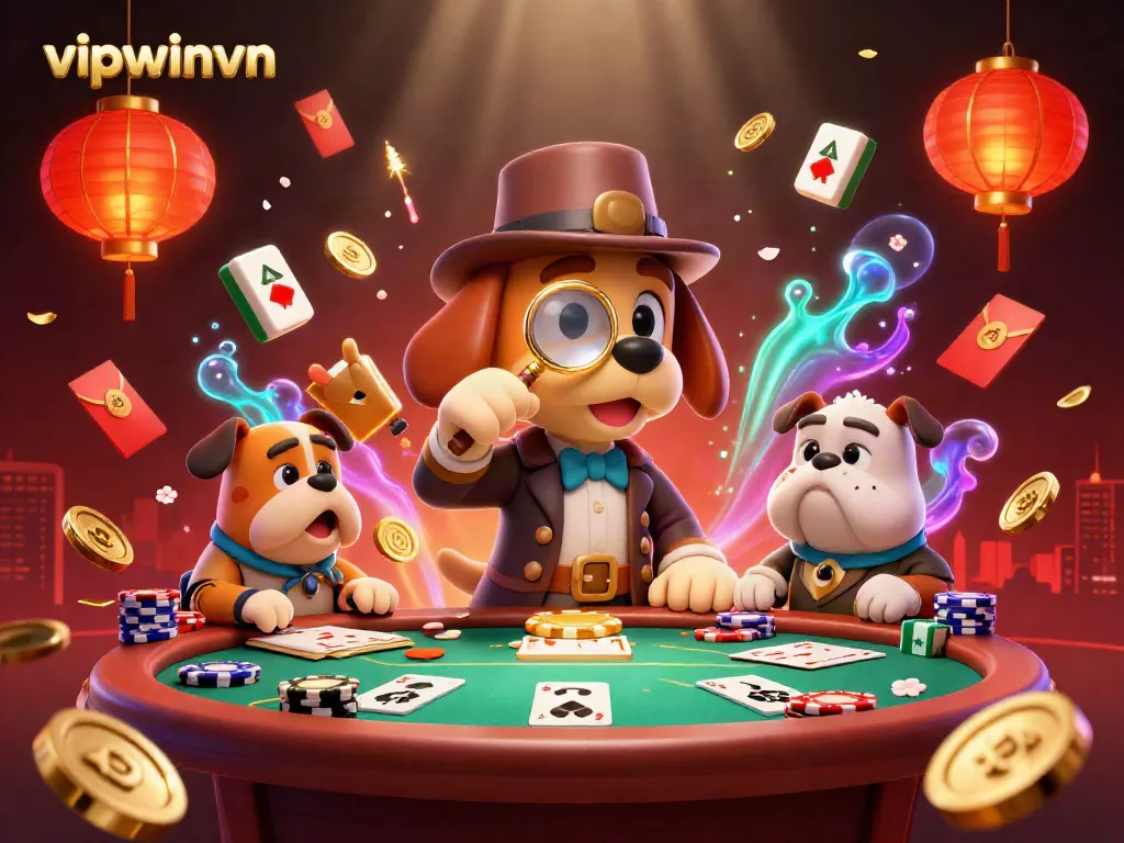 Play thrilling poker games at vipwinvn with vivid casino elements in a dynamic illustration.