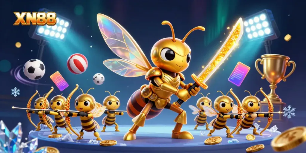 Experience XN88 with thrilling golden hornet warriors and dynamic casino elements in a vibrant setting.