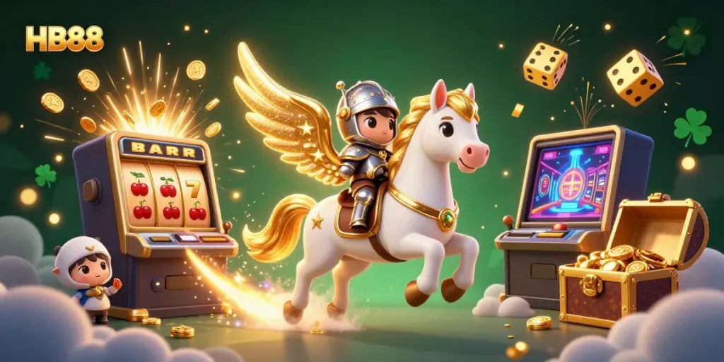Experience the thrill at HB88 with a magical scene showcasing slots, coins, and a celestial horse.