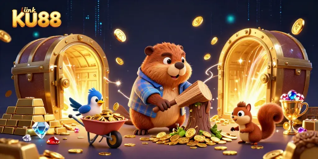 Win big with promotional art featuring link KU88, showcasing a whimsical beaver collecting gold coins.