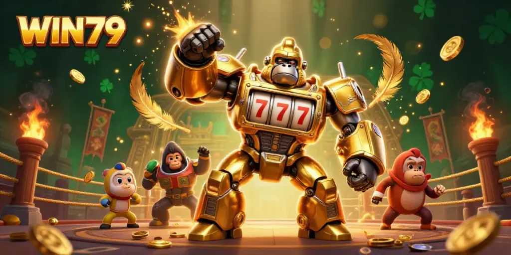 Engage in thrilling adventures with the WIN79 golden gorilla mech, surrounded by exciting casino elements.