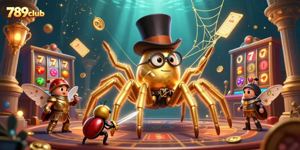 Play exciting games at 789club, where a golden tarantula and knight create a vibrant casino scene.