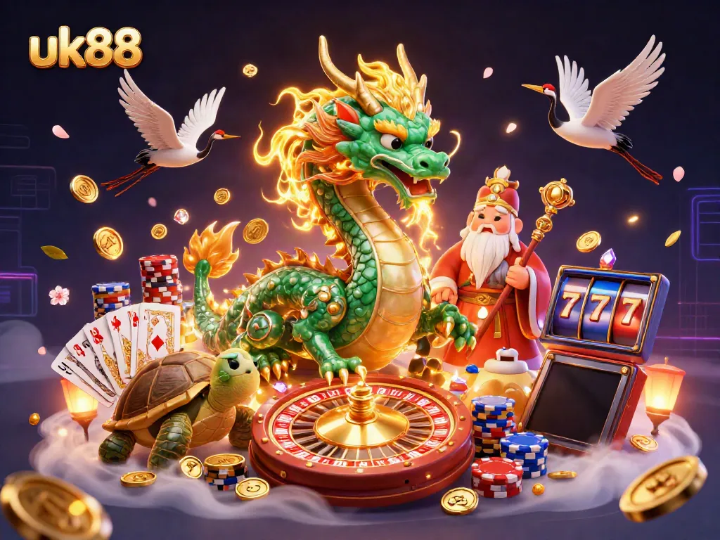 Experience thrilling gameplay at uk88 with an epic scene of a jade dragon, turtle sage, and lucky cranes