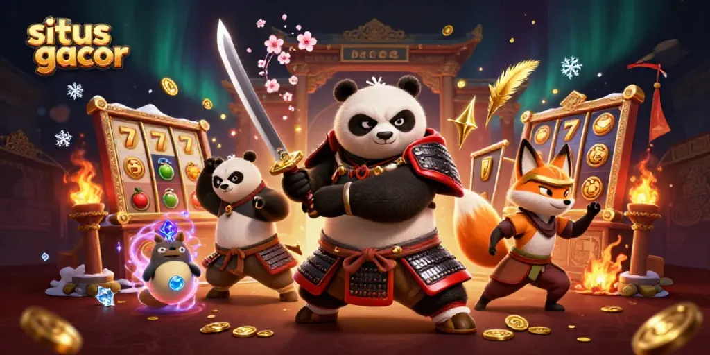 Slot gacor dengan panda samurai dan rubah ninja yang beraksi di arena pertarungan.