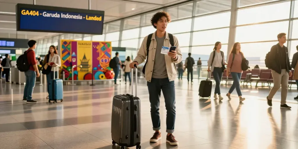 Traveler at airport excited for garuda 404 flight, stylish outfit, boarding pass.
