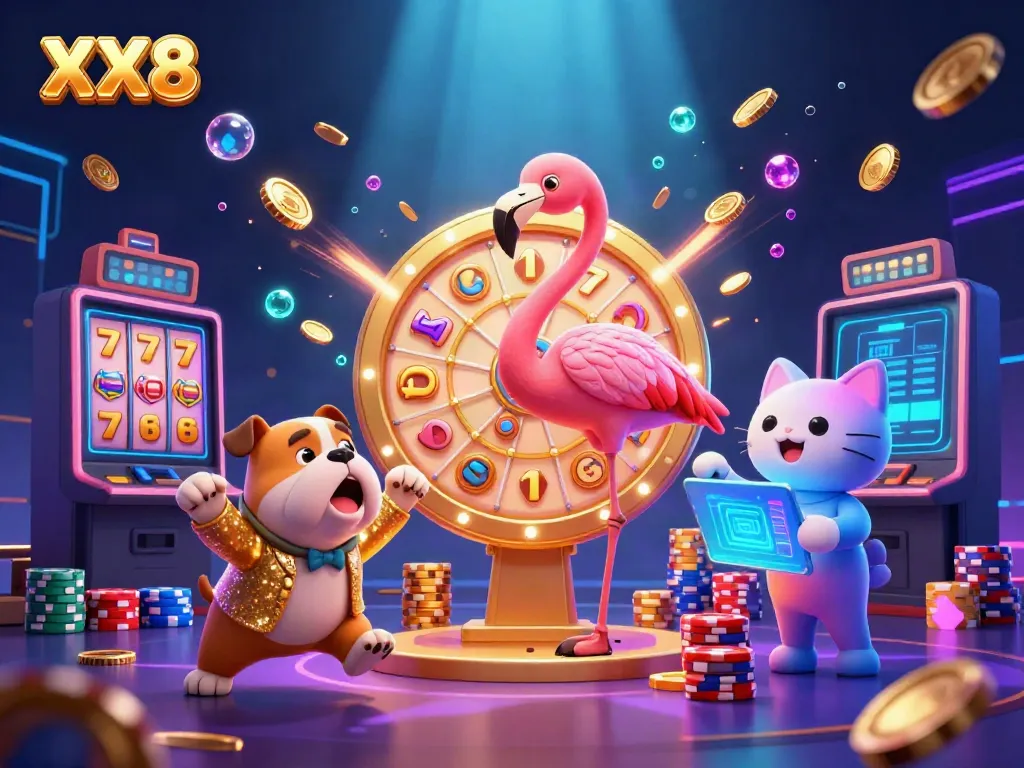 XX8 game show scene displays a flamingo host spinning a prize wheel surrounded by colorful casino elements.