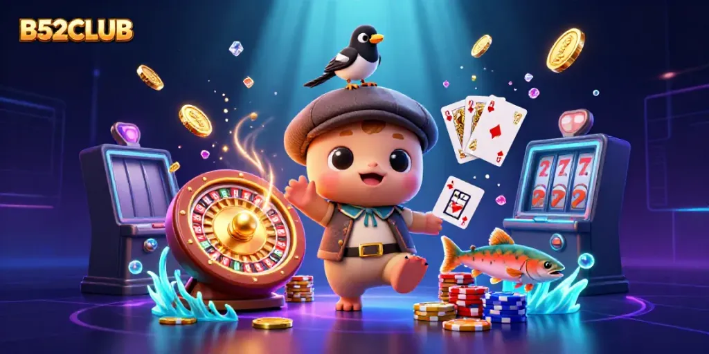 B52CLUB brings excitement with colorful characters and casino elements like coins and roulette in a vibrant scene.