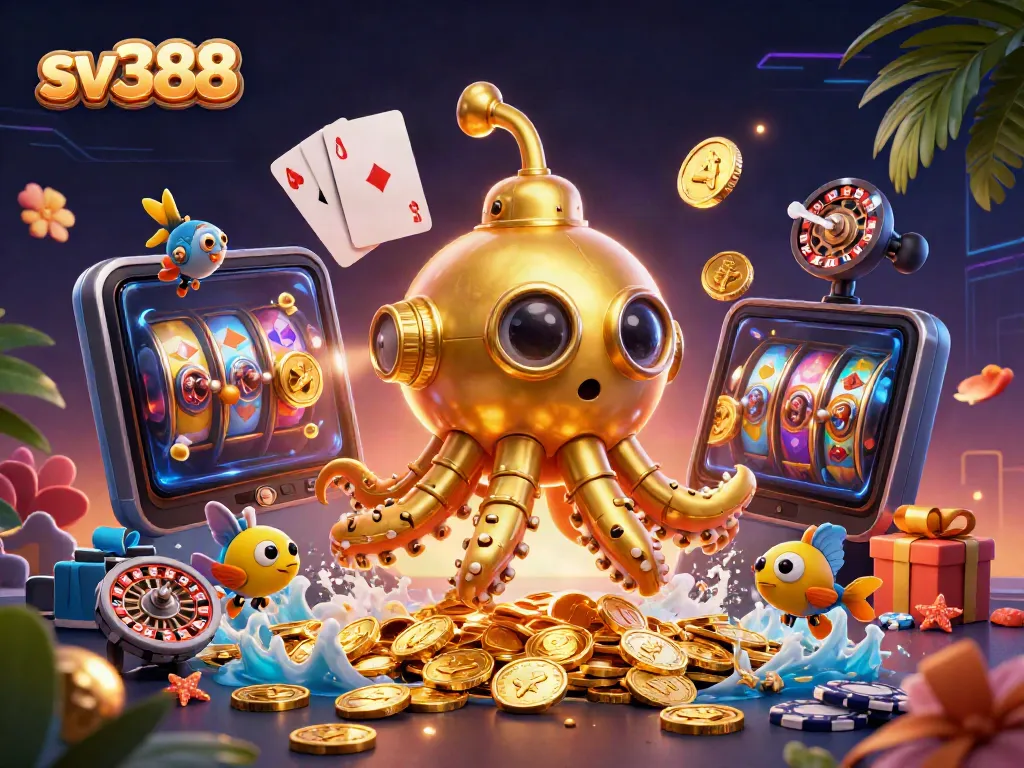 Engage in thrilling cockfighting at sv388 with dynamic 3D golden kraken and casino elements.