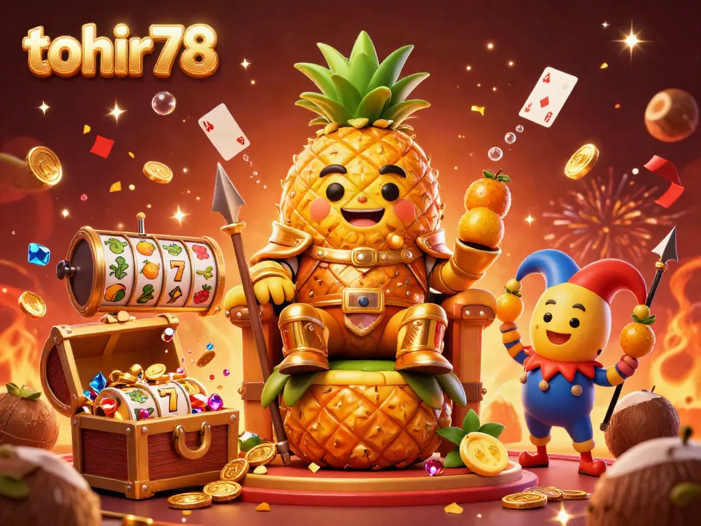 Join the excitement at tohir78 with the golden pineapple king surrounded by vibrant casino elements.
