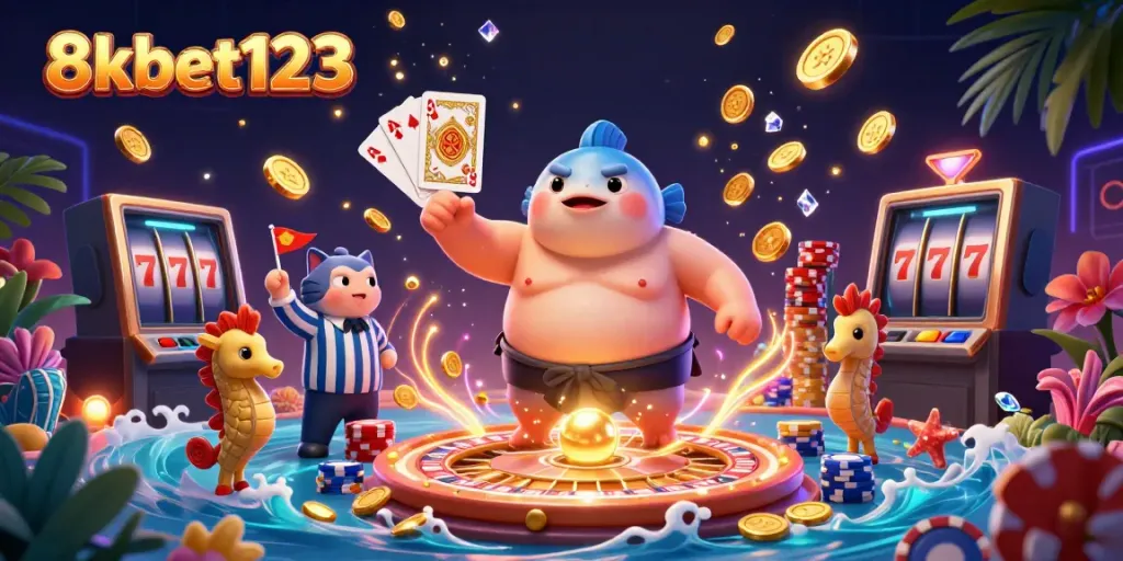 Engage with thrilling casino action at 8xbet123 featuring a captivating underwater scene with a sumo blowfish and vibrant gaming elements.
