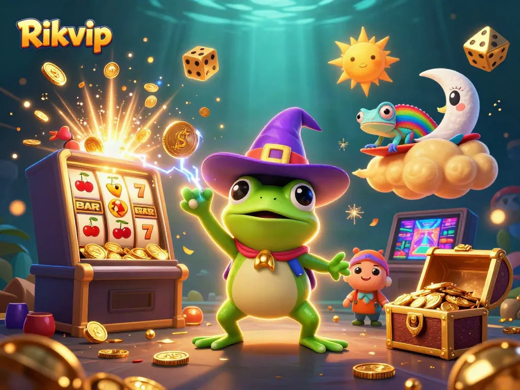Engage with Rikvip's vibrant casino world featuring a wizard frog and chameleon in a golden adventure.