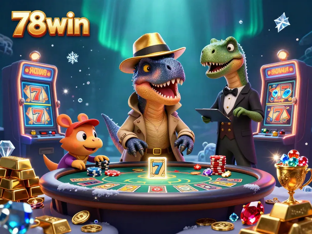 Join the fun at 78win with a velociraptor card counter surrounded by vibrant casino elements.