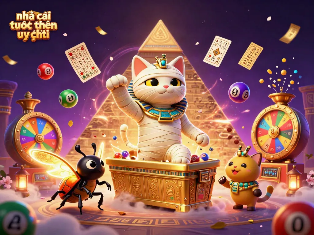 Engage with nhà cái trực tuyến uy tín in a vibrant pyramid casino scene filled with exciting lottery and gaming elements.