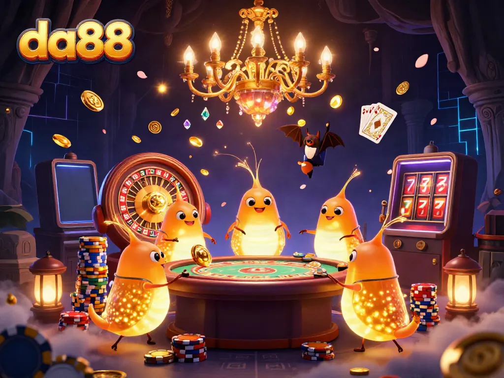 Experience exciting gameplay at da88 with a vibrant 3D casino scene filled with glowing characters and dynamic casino elements.