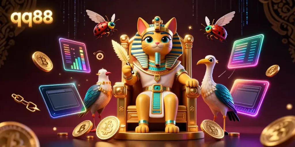 Experience thrilling gaming action with QQ88's Egyptian pharaoh cat and crypto elements in a luxurious casino theme.